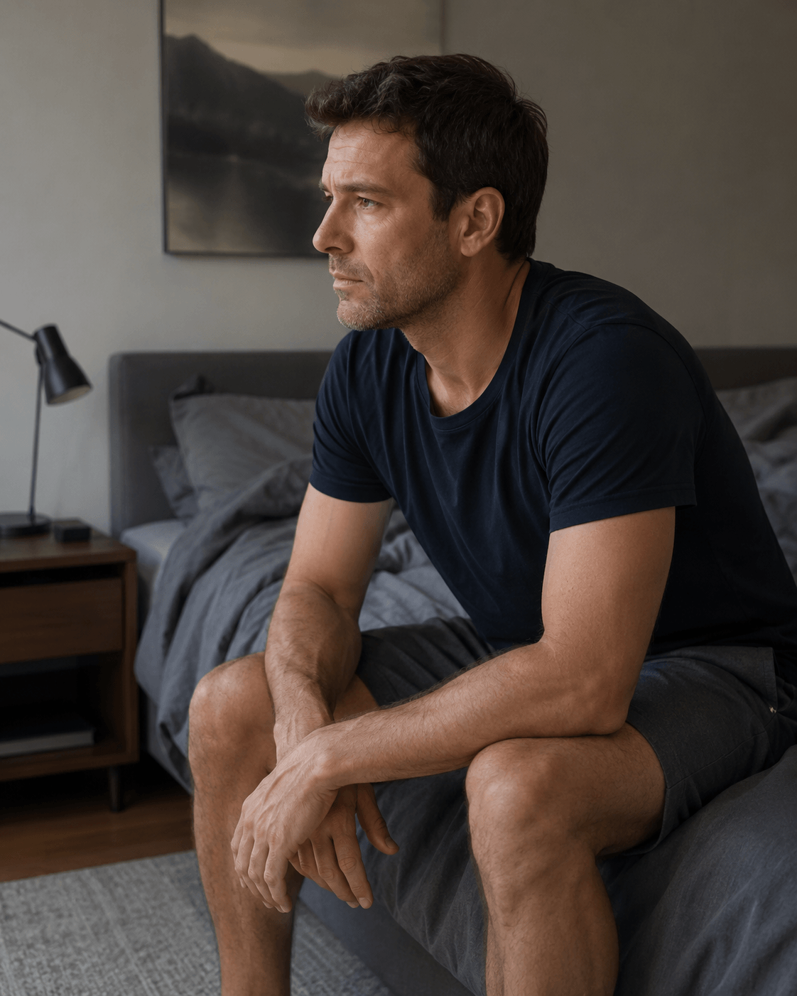 Man experiencing fatigue and possible low testosterone symptoms.